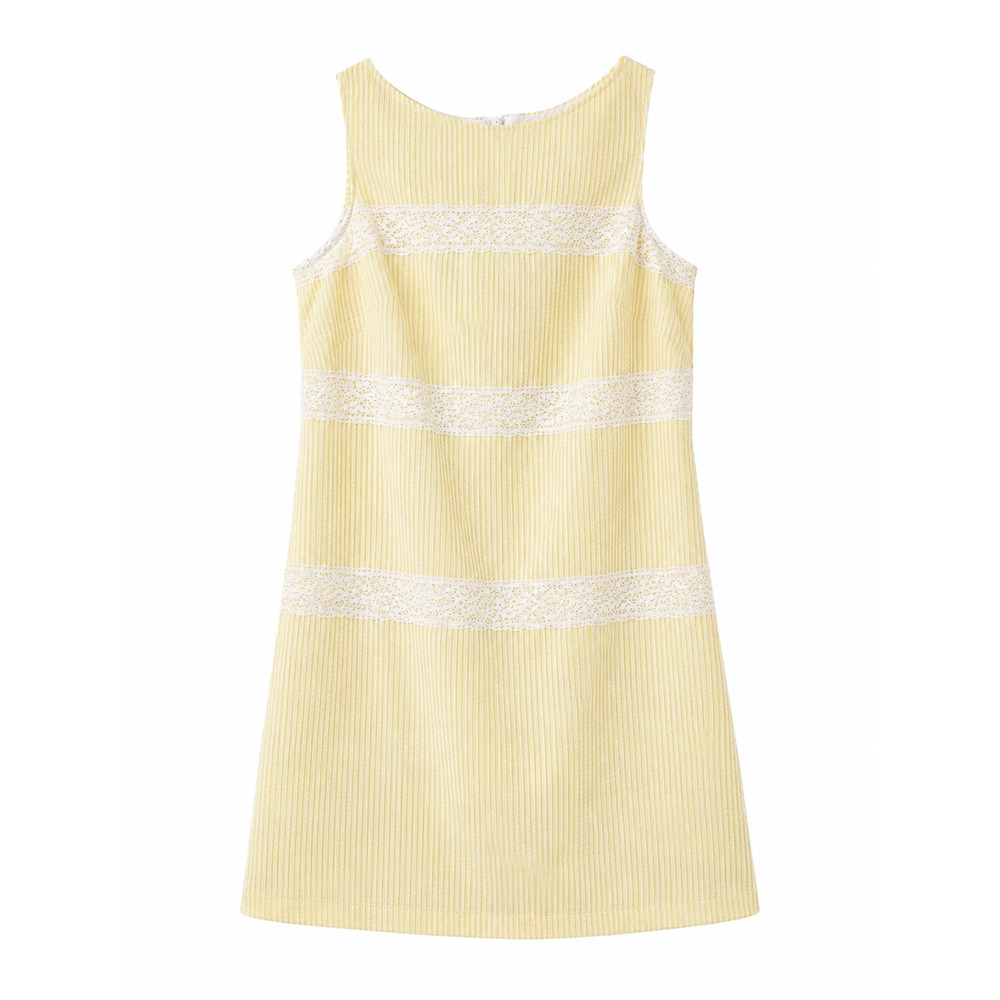 London Times Yellow Seersucker Dress Size 8 Sleeveless Lace Detail Shift Resort - Picture 2 of 8